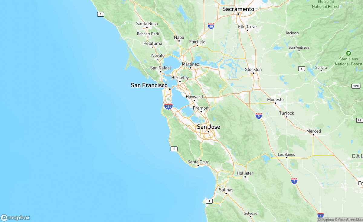 Map of Santa Cruz to San Francisco Bay, CA, USA
