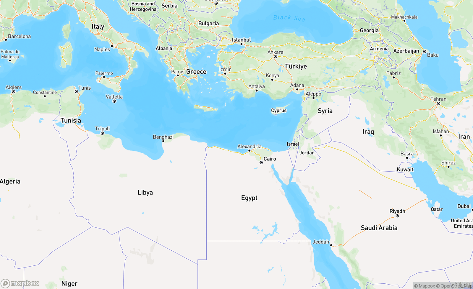 Map of Mediterranean Sea to Red Sea