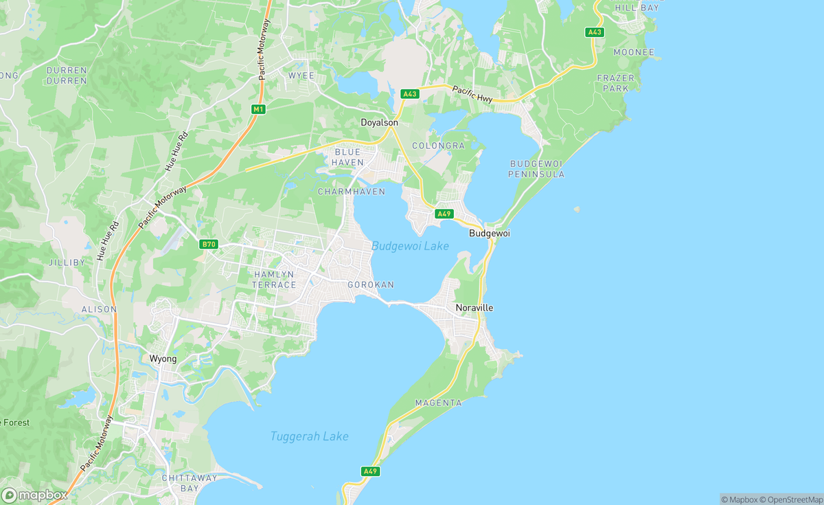 Map of Budgewoi Lake, Tuggerah Lakes, NSW, AUS
