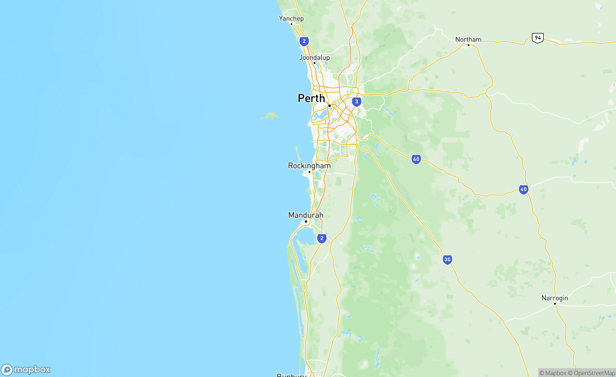 Map of Perth to Mandurah, WA, AUS