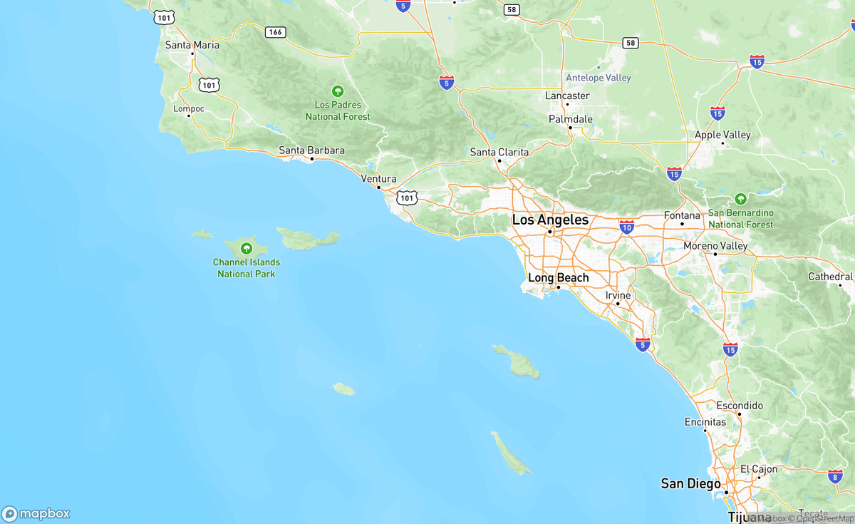Map of Malibu to La Jolla Coastline, CA, USA