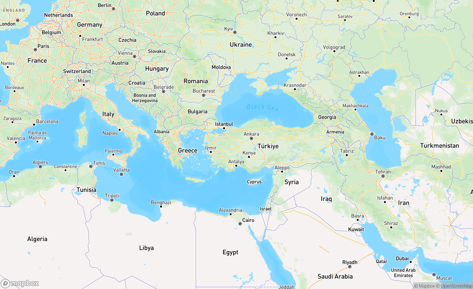 Map of Black Sea, Aegean Sea, & Mediterranean Sea, EU