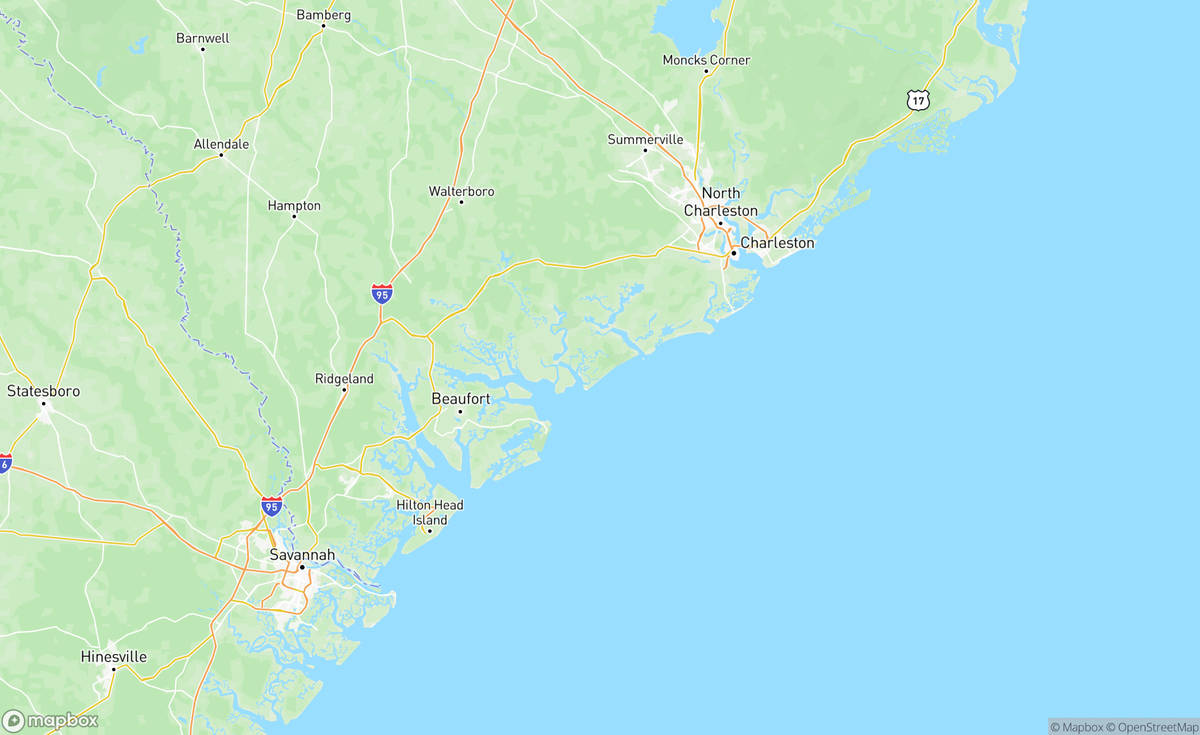 Map of Charleston to Savannah, SC, USA