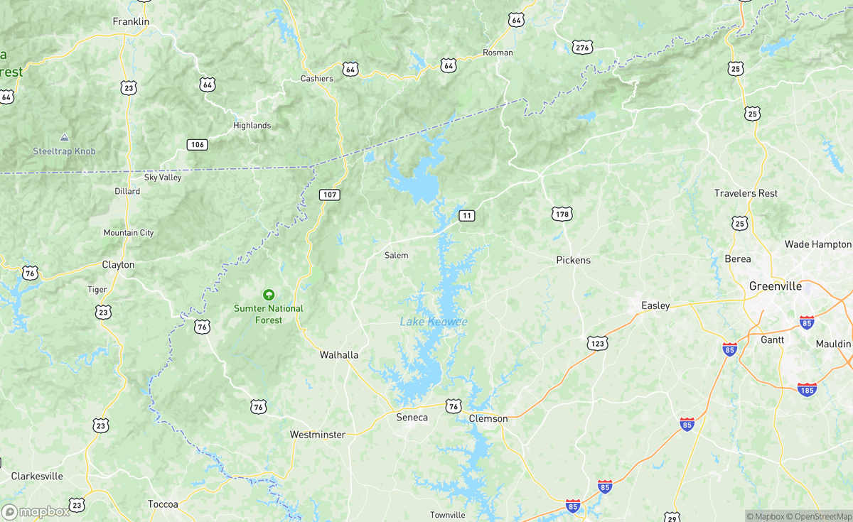 Map of Lakes Hartwell and Keowee, SC, USA