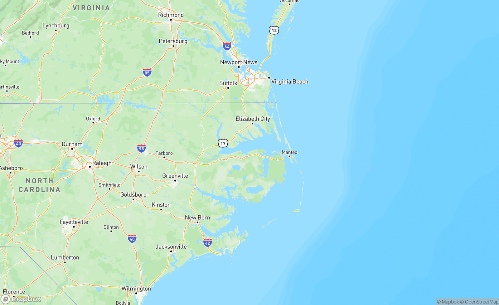 Map of Albemarle Sound to Oak Island, NC, USA