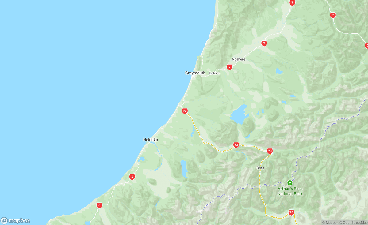 Map of Greymouth to Hokitika, New Zealand / Aotearoa, NZL