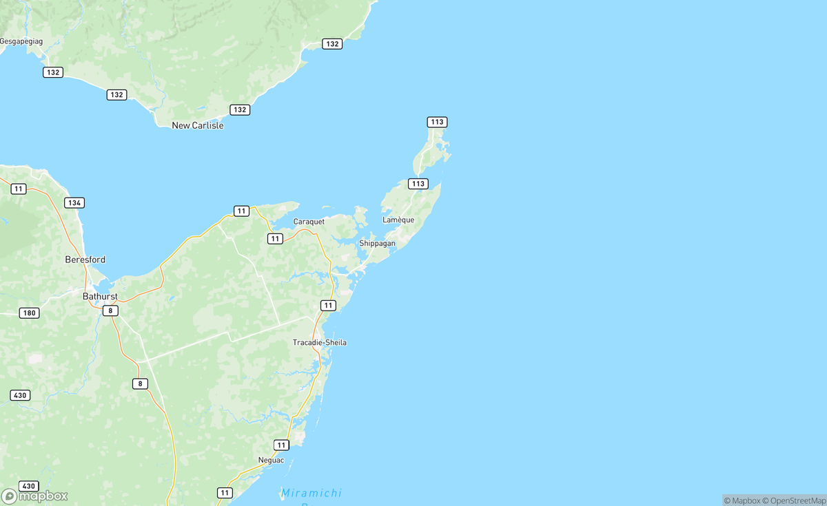 Map of Savoie Landing to Miscou Island, NB, CAN