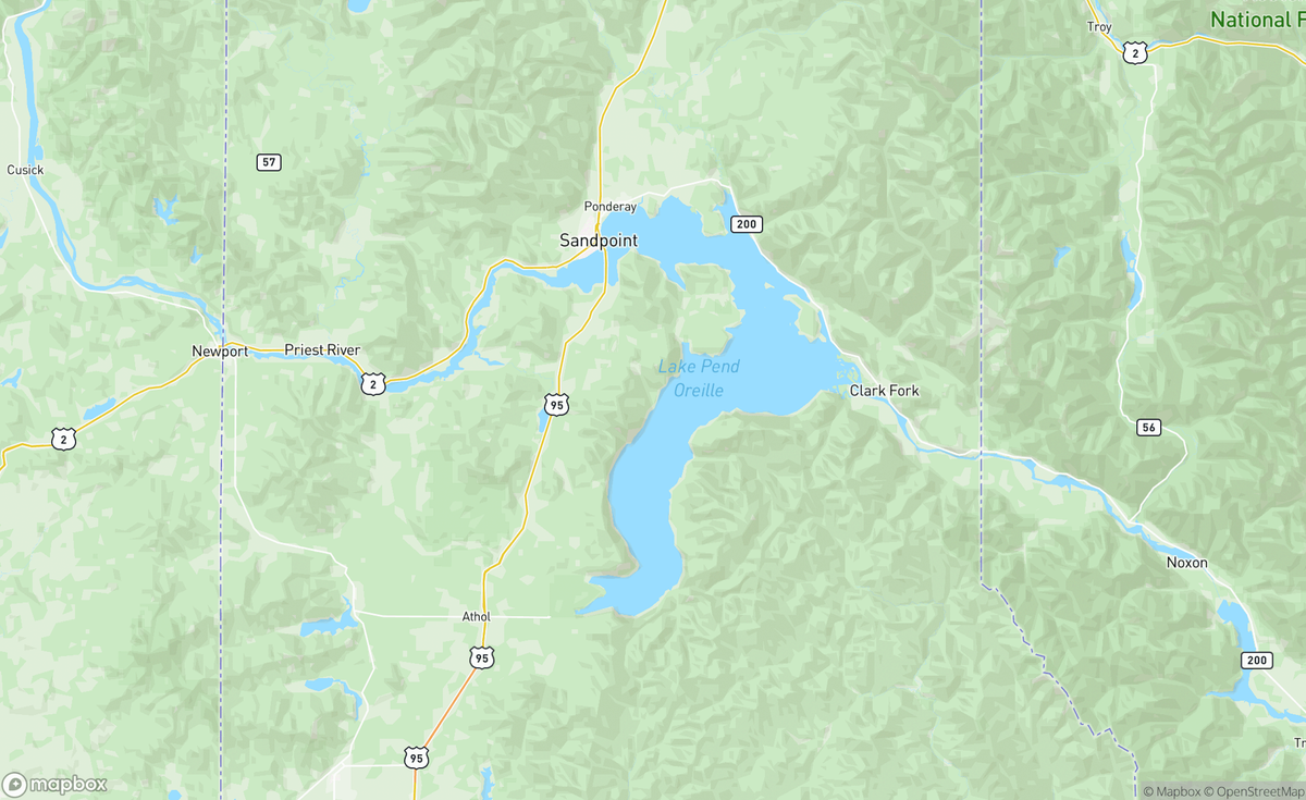 Map of Lake Pend Oreille, ID, USA