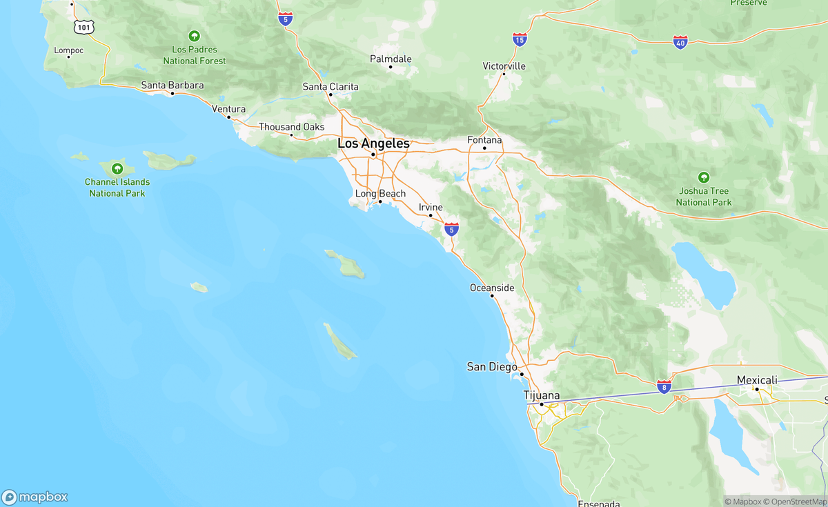 Map of Santa Monica, LA, San Diego Coastline, CA, USA