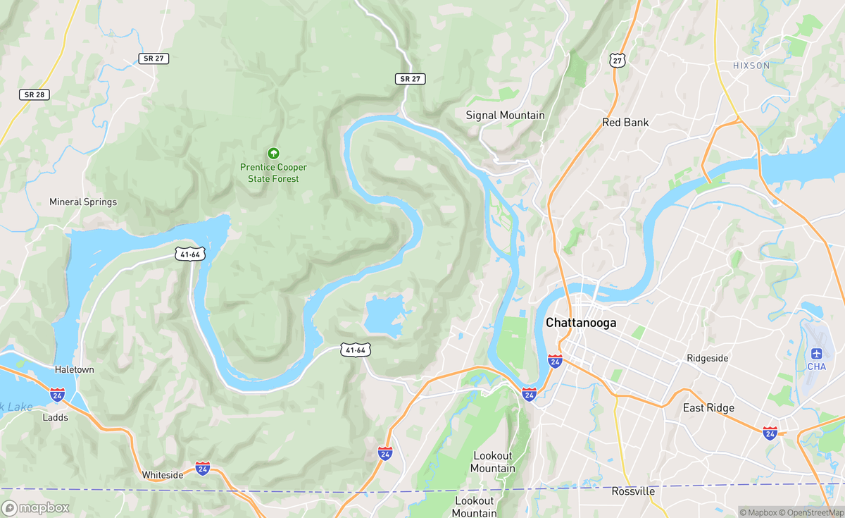 Map of Tennessee River, Chattanooga, TN, USA