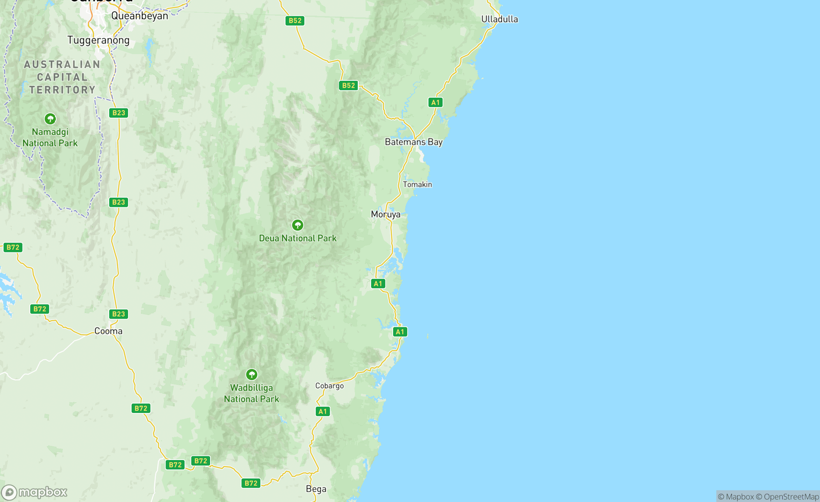 Map of Batemans Bay, Tuross Head, Narooma, Bermagui, NSW, AUS