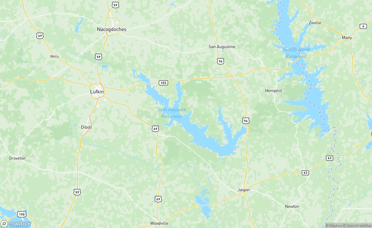 Map of Sm Rayburn Reservoir, TX, USA