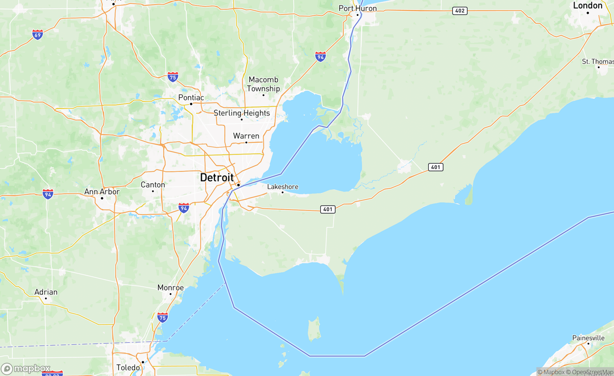 Map of Lake St Clair to Point Pelee, Essex County, ON, CAN
