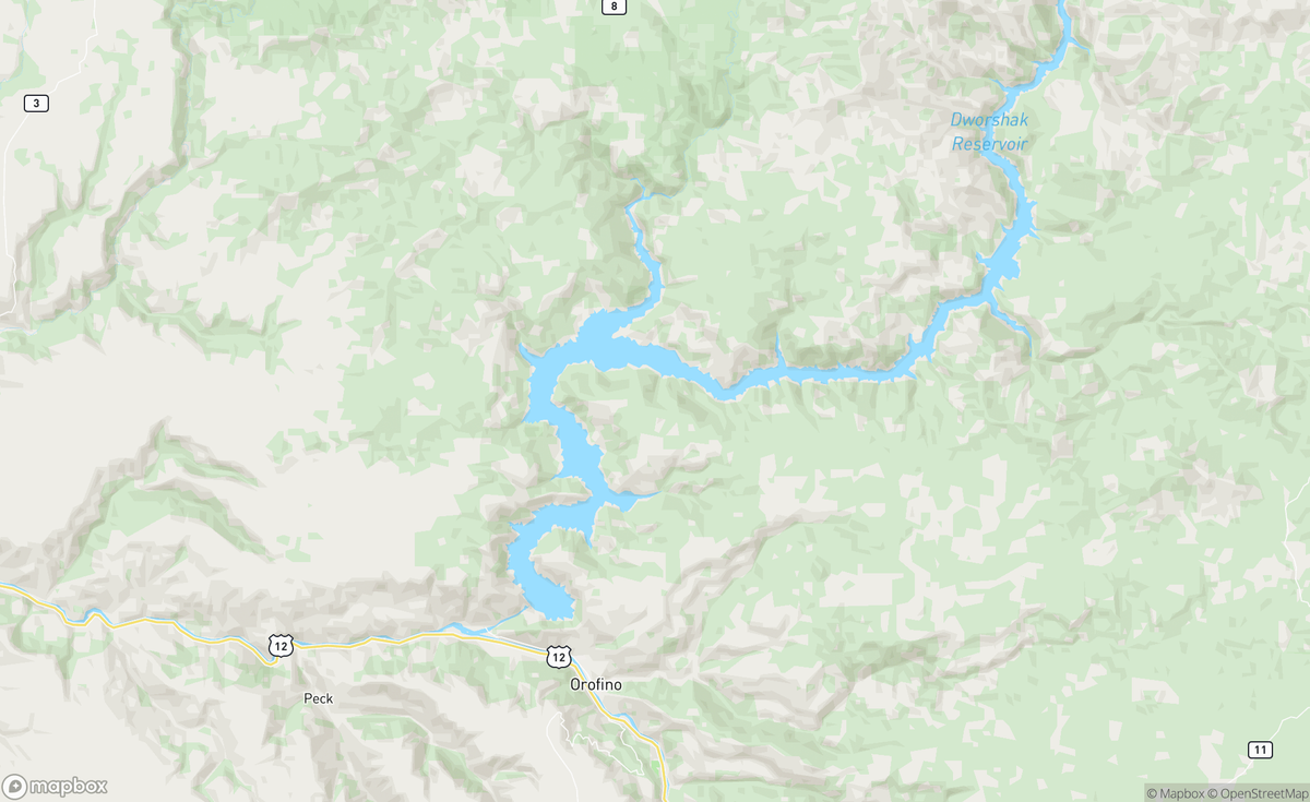 Map of Dworshak Reservoir, ID, USA