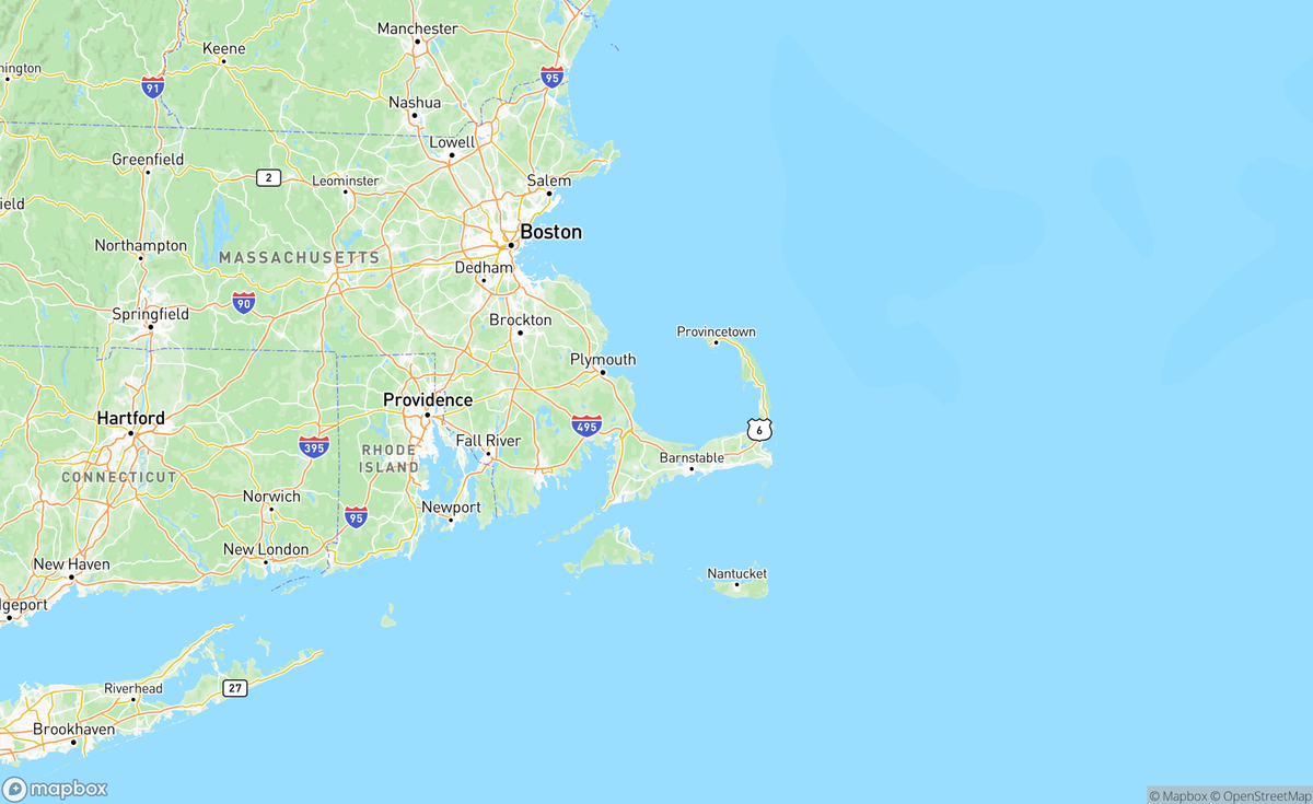Map of Boston to Cape Cod, MA, USA
