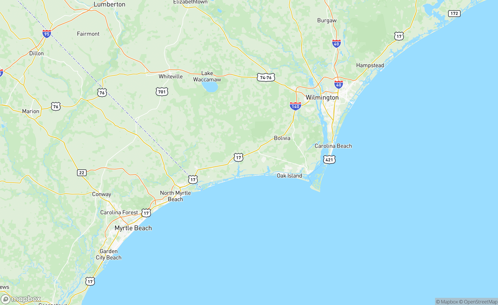 Map of Apalachee Bay, FL to North Myrtle Beach, NC, USA