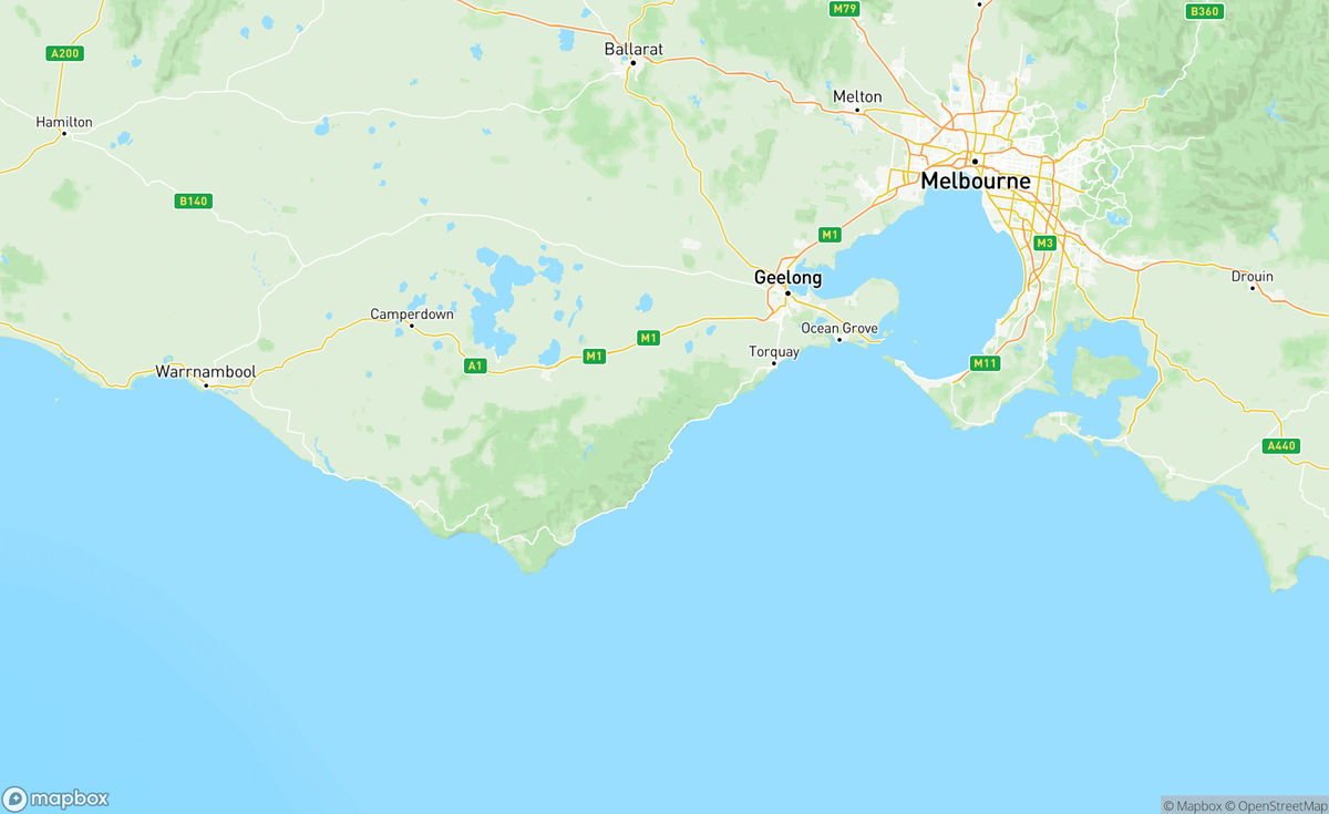 Map of Geelong to Apollo Bay, VIC, AUS