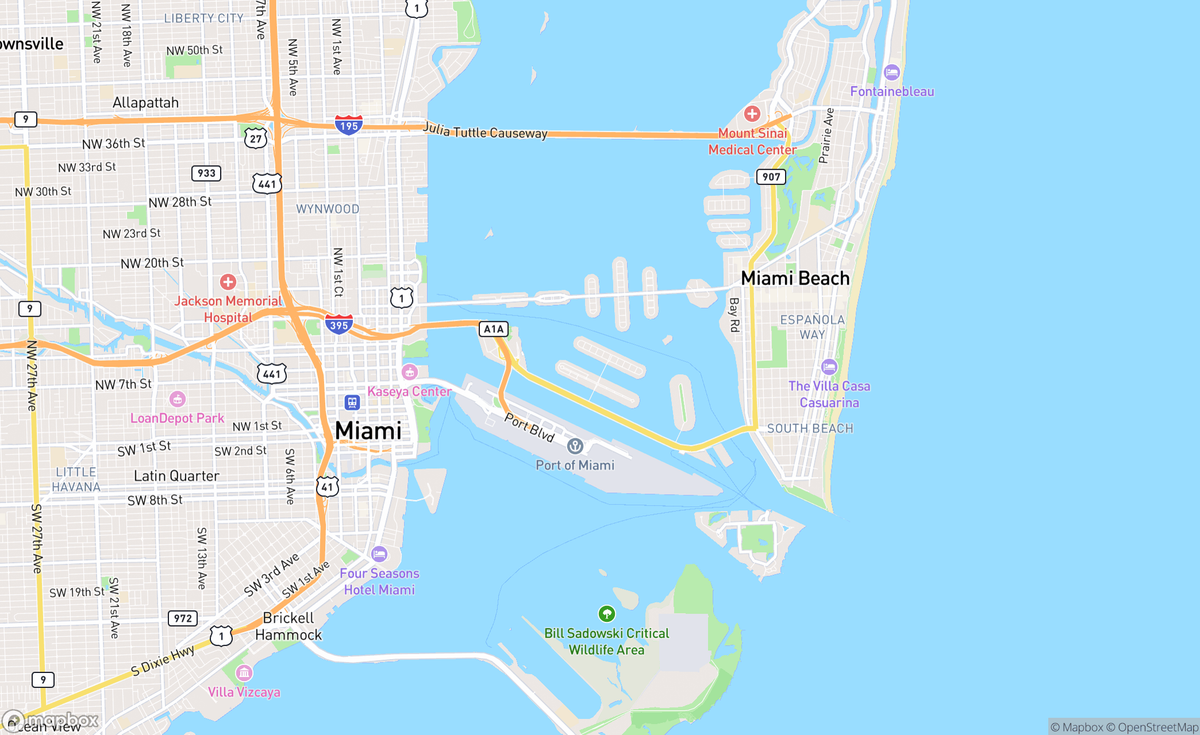 Map of Biscayne Bay, Miami Beach, FL, USA