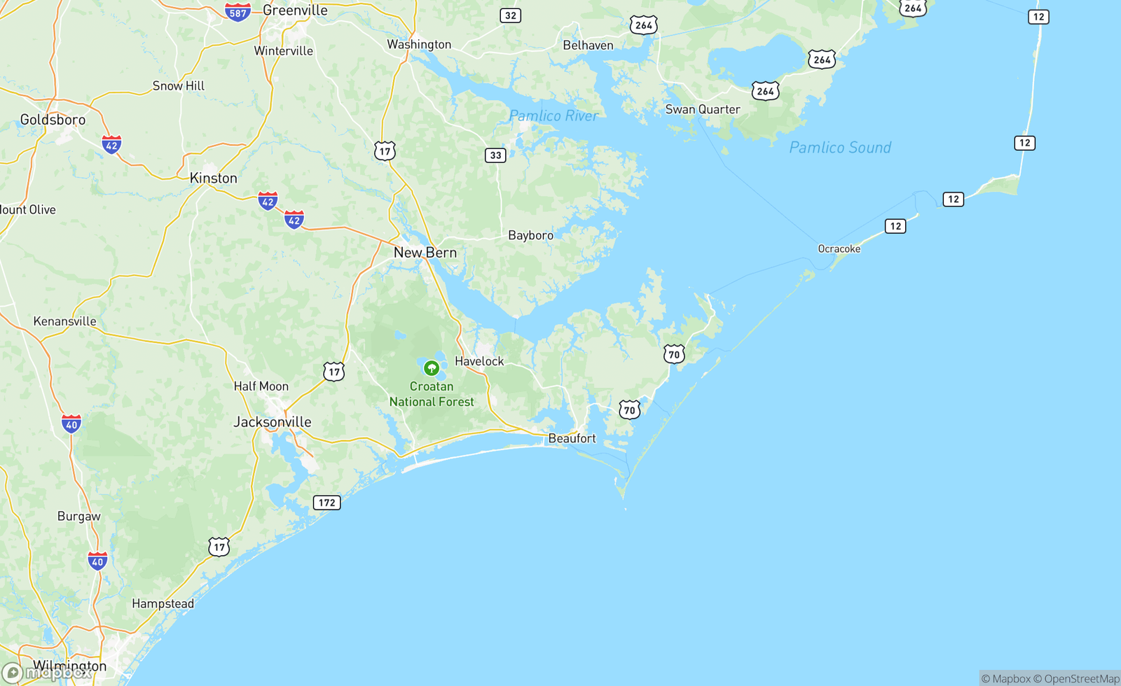 Map of Beaufort to Cape Lookout, Carteret County, NC, USA