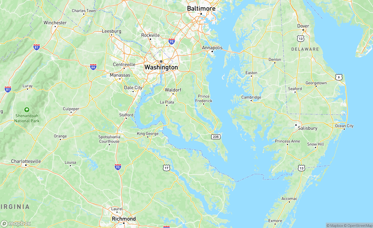 Map of Potomac River, Chesapeake Bay, MD, USA