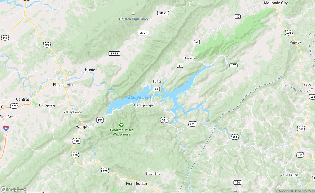Map of Watauga Lake, TN, USA