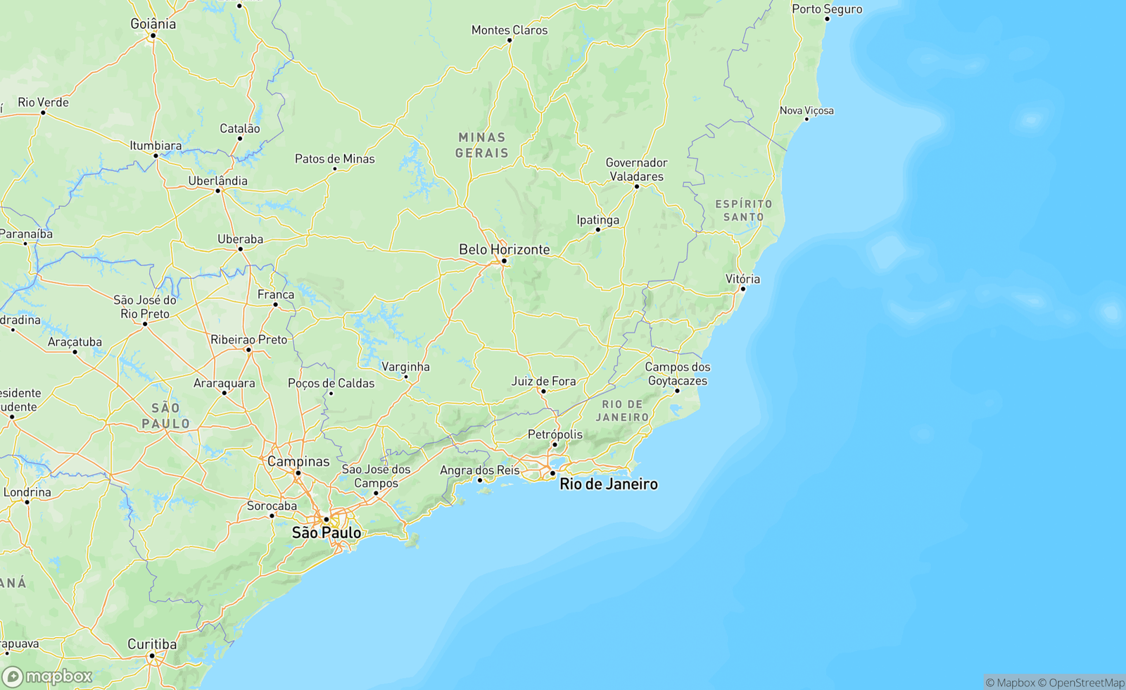 Map of Rio de Janeiro to São Paulo, Brazil, BRA